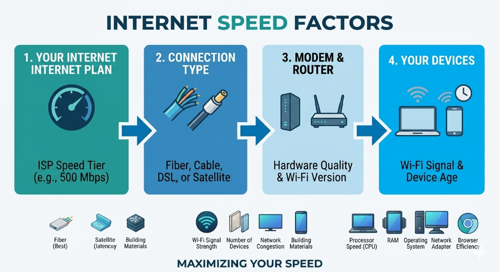 Factors affecting NBN internet speed including plan, connection type, router and devices
