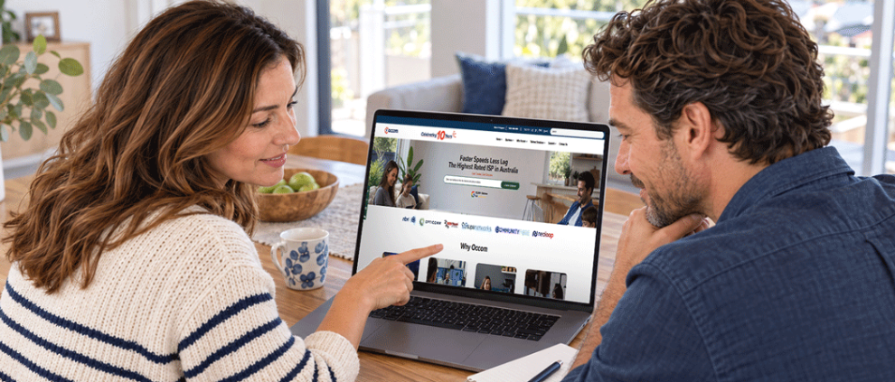 Australian household comparing internet plans on the Occom website using a laptop at home.