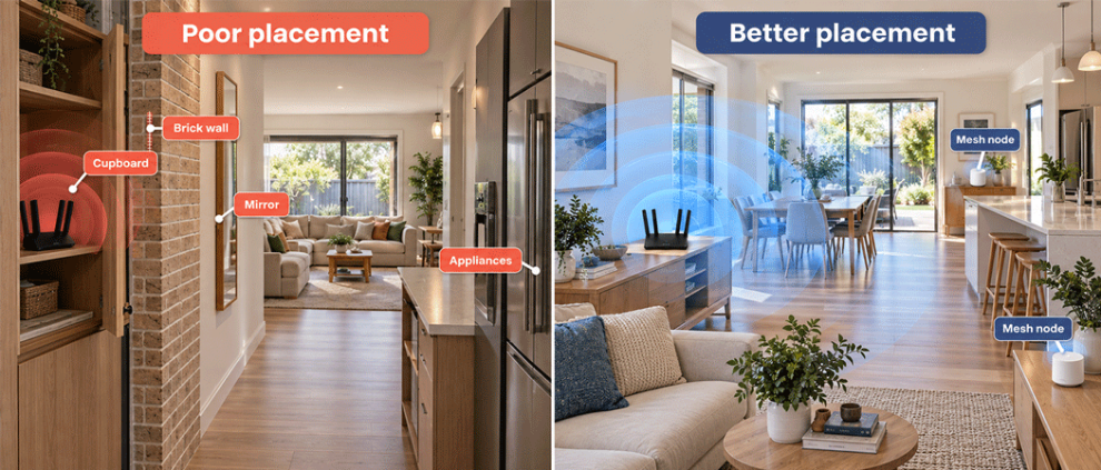 Comparison of poor and better Wi-Fi router placement in an Australian home, showing obstacles and mesh Wi-Fi nodes.